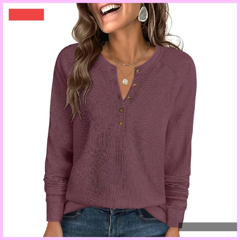 Long Sleeve Waffle Knit Henley Top Loose Fit Button Up Blouse